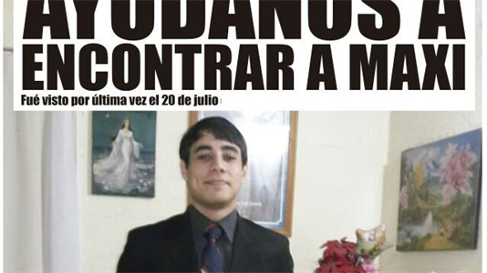 Maximiliano tiene 19 años y está desaparecido desde el 20 de julio de 2016.