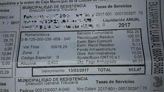 Boleta de la Municipalidad de Resistencia, 802 pesos por un "servicio comunitario".