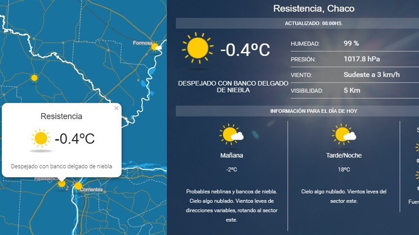 En Resistencia, a las 8, el Servicio Meteorológico Nacional registró -0,4° de temperatura.